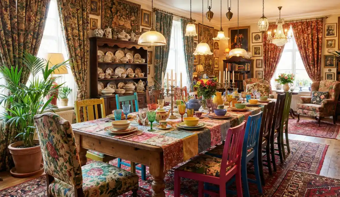 Floral Patchwork and Mismatched Chairs Dining Room – A Feast of Patterns for Small Gatherings
