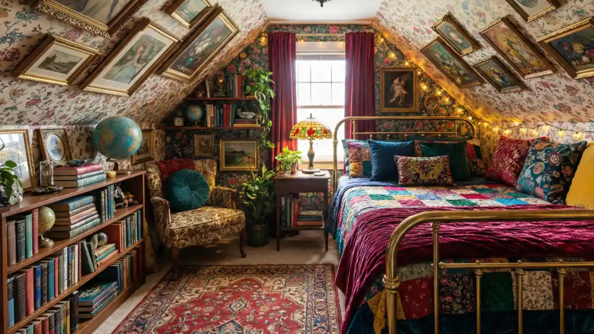 Floral and Brass Attic Hideaway – Maximizing Slanted Ceilings with Vintage Charm