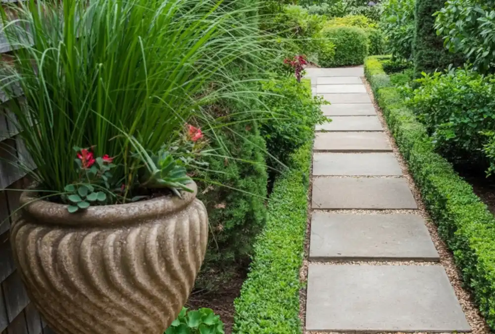 Formal Greenery and Stone Pathway – Elevating the Side Strip with European Structure