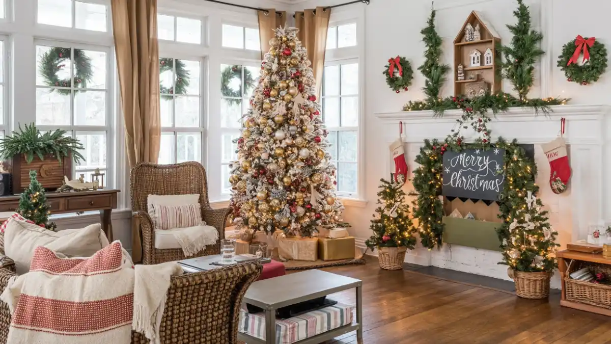Frosted Gold & Cranberry Sunroom – 90s Christmas Living Room with Wreath-Lined Windows