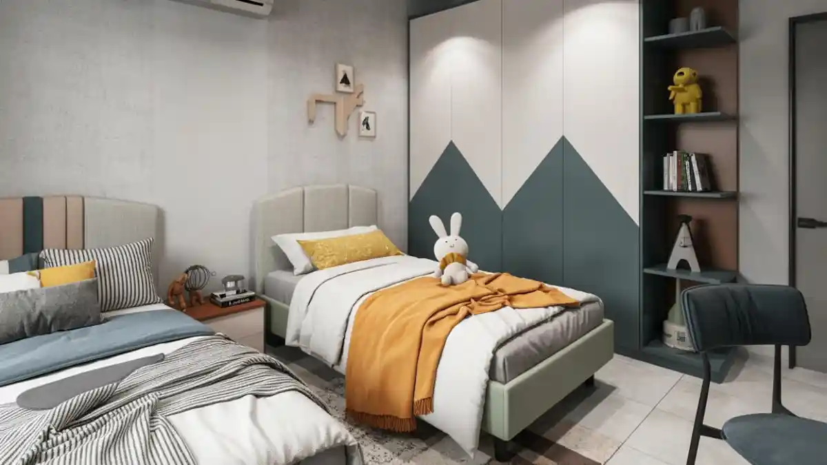 Geometric Teal & Ochre Twin Suite – Designing Playful Sophistication for Little Guests