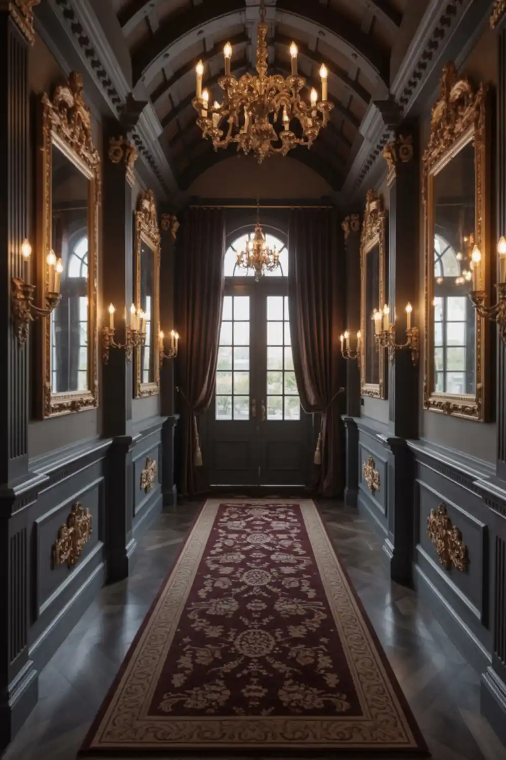 Gilded Charcoal and Burgundy Hallway – Reflecting Royal Drama