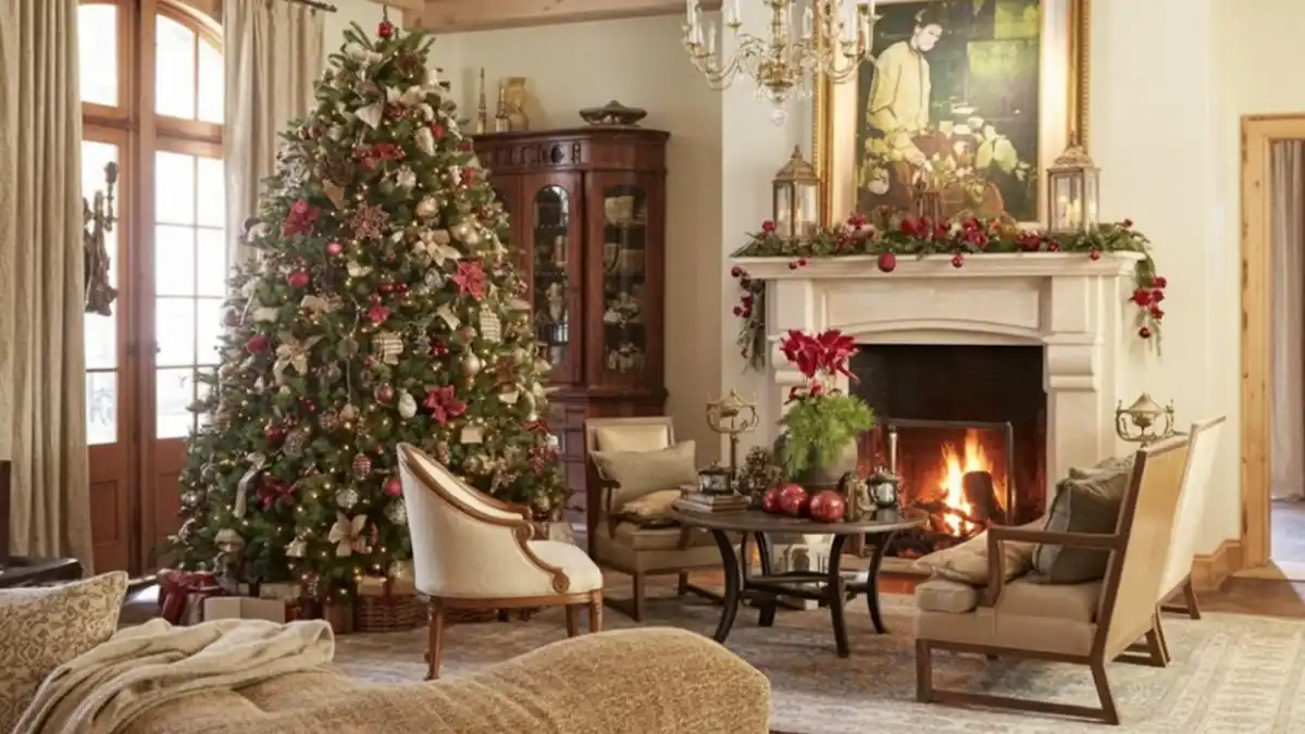 Gilded Parlour Glam – 90s Red-and-Gold Living Room with Fireplace Flair