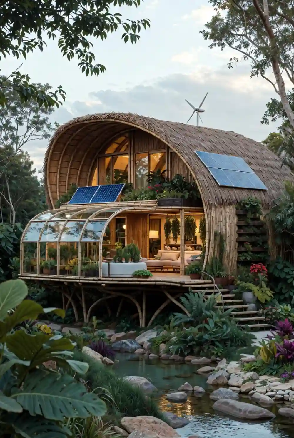 Golden Bamboo & Glass Pod - A Solar-Powered Eco-Retreat Design