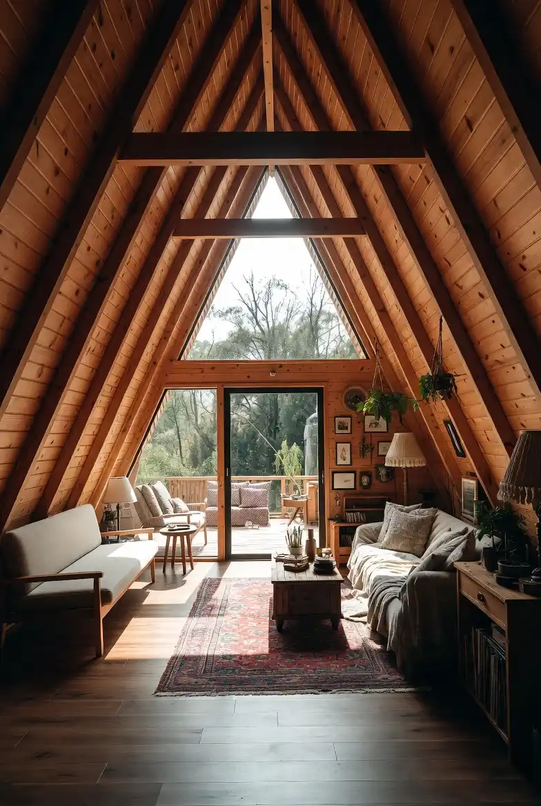 Golden Wood & Vintage Living Area – Blending Mid-Century Vibes with Rustic Structure