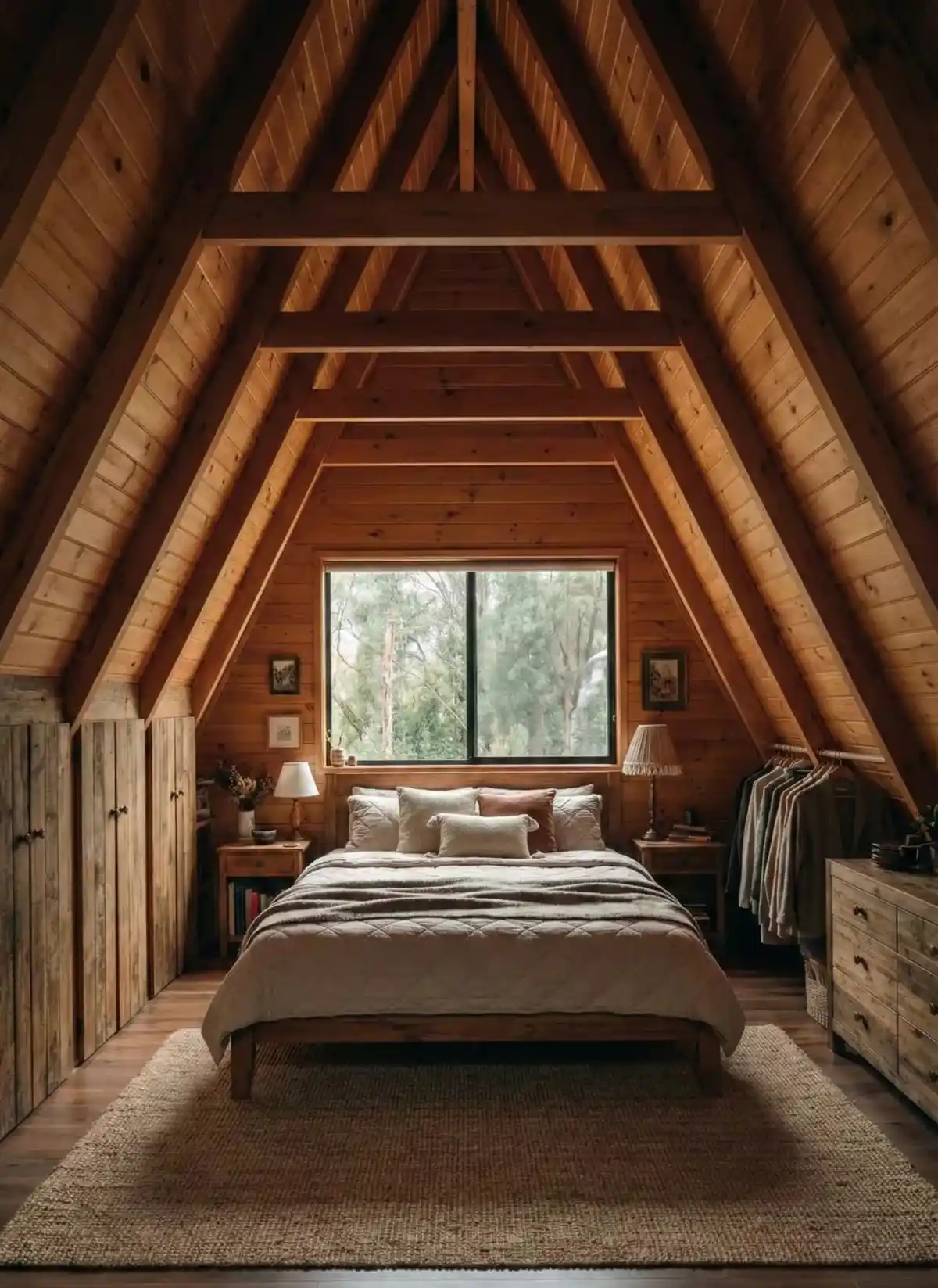 Golden Wood & Vintage Living Area – Blending Mid-Century Vibes with Rustic Structure