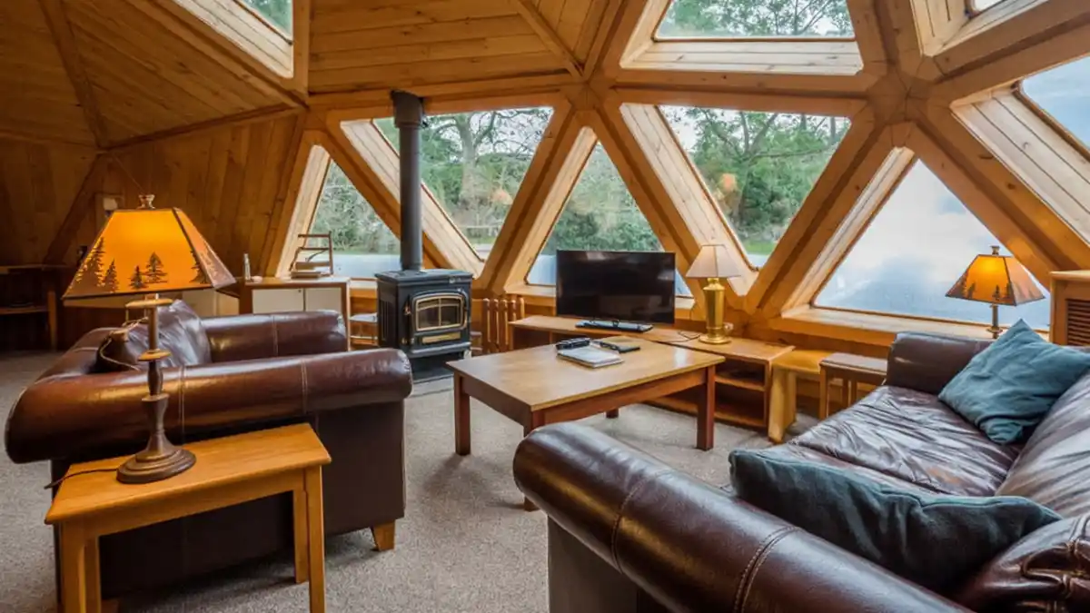 Honey-Pine and Leather Lodge – Rustic Warmth in Geometric Form