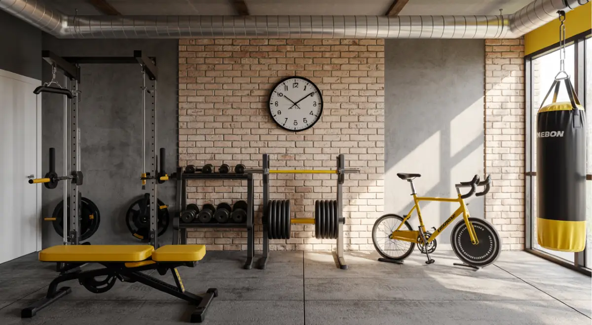Industrial Yellow and Brick Garage Gym