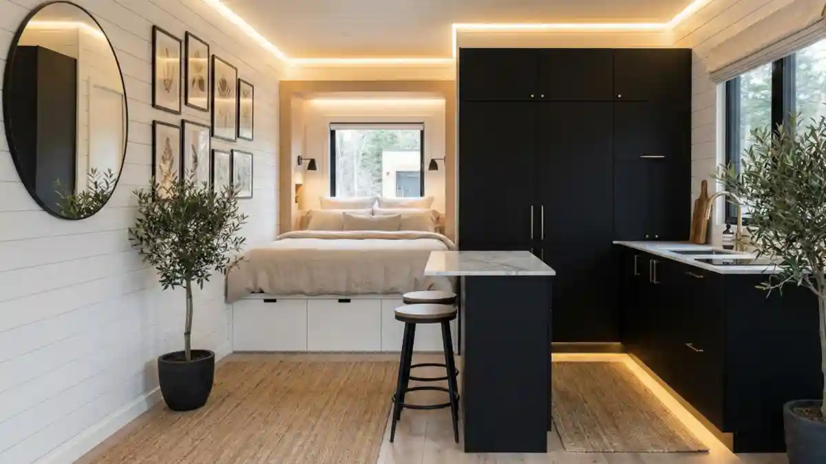 Matte Black & White Shiplap Studio – Contrasting Tones for a Modern Hotel Feel