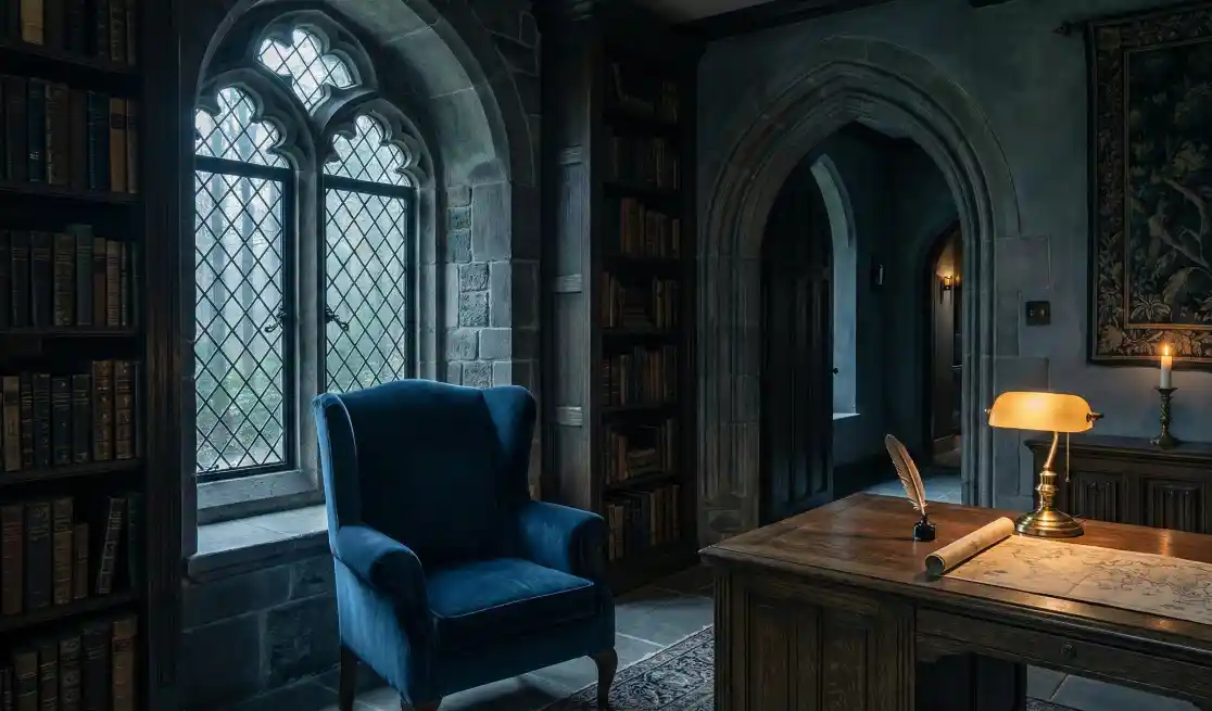 Midnight Blue and Graphite Gothic Study – The Ultimate Deep Focus Retreat