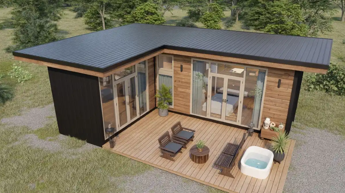 Modern Retreat – L-Shaped Minimalist Container Home with Natural Charm