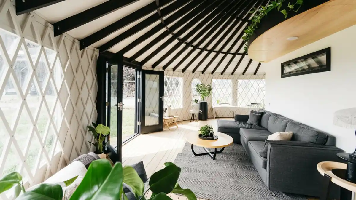 Monochrome Industrial Chic Yurt Lounge – A Modern Twist on Circular Living
