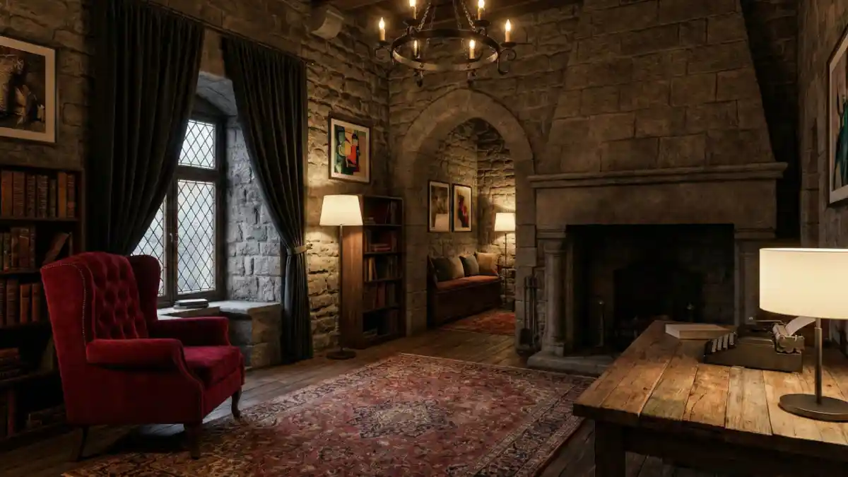 Moody Stone and Crimson Study – A Writer's Fortress for Modern Focus
