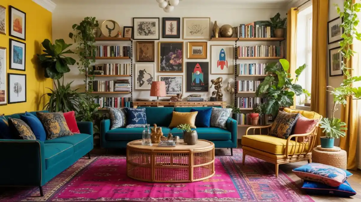 Mustard and Teal Literary Lounge – Eclectic Maximalism with a Cozy Twist