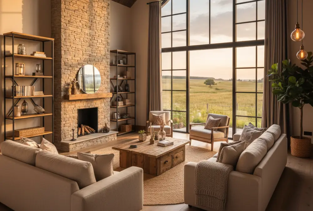 Natural Stone & Sunny Vistas - Rustic Farmhouse Lounge