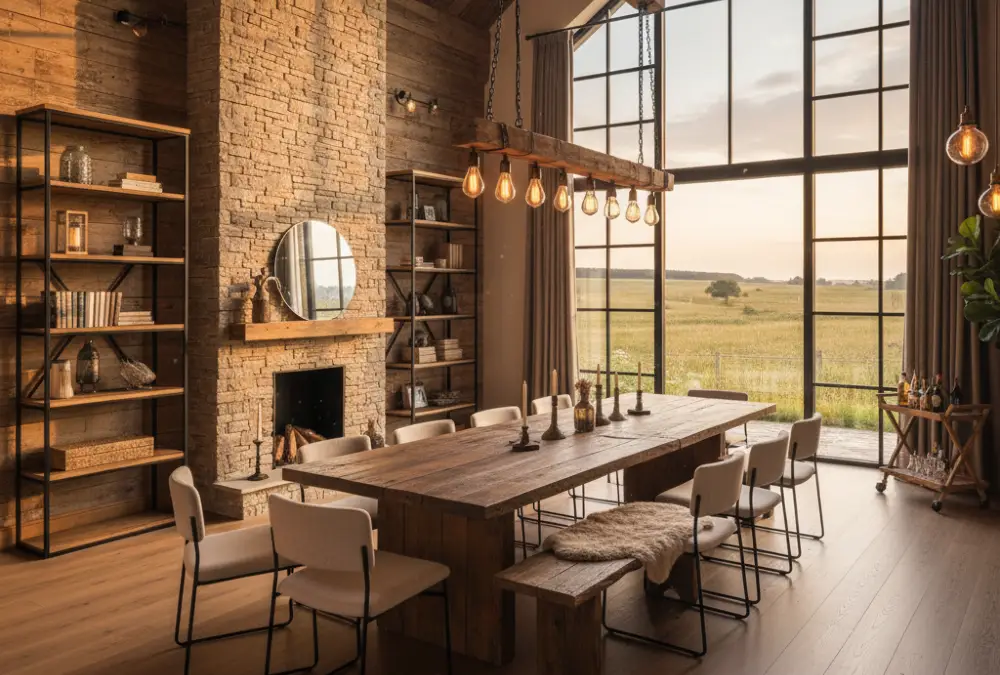 Natural Stone & Sunny Vistas - Rustic Farmhouse Lounge