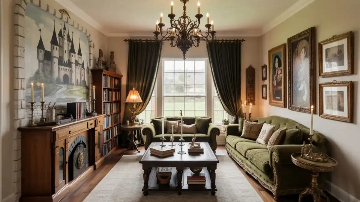 Olive Velvet and Faux Stone Living Room – Achievable Castlecore for Suburban Spaces