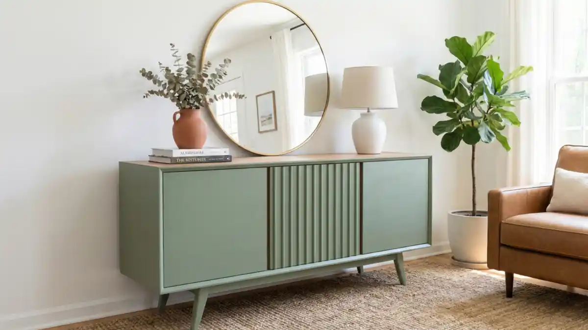 Organic Sage & Fluted Detail Credenza – Elevating Storage with Texture
