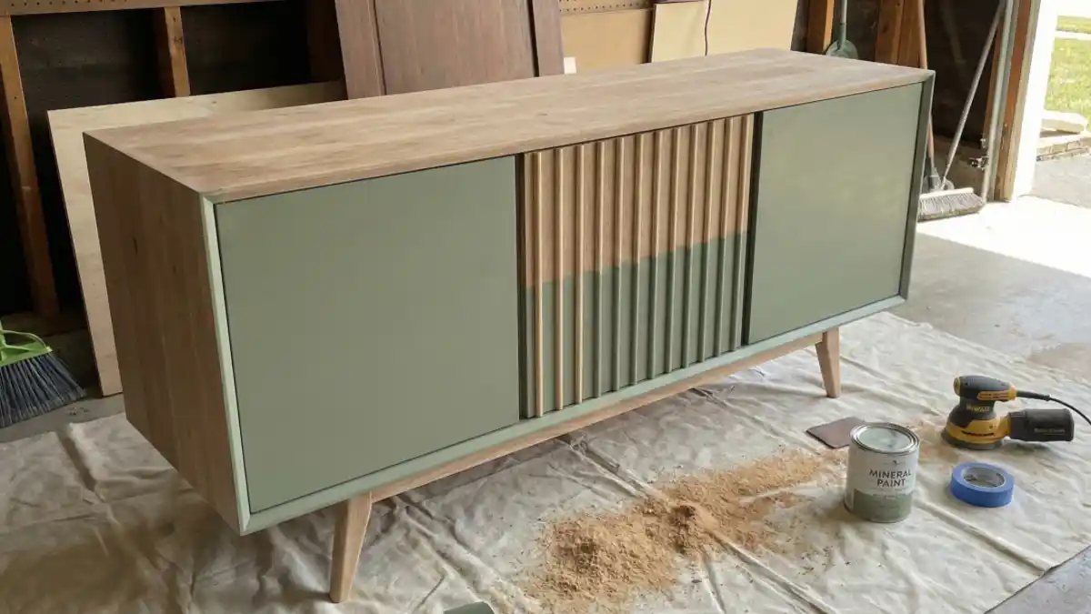 Organic Sage & Fluted Detail Credenza – Elevating Storage with Texture