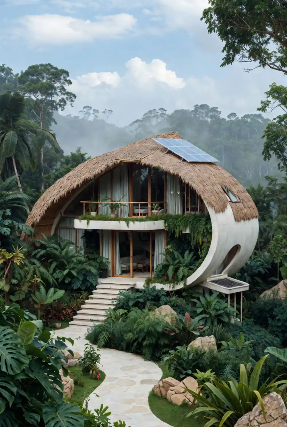 Organic Shell Sanctuary with Thatch & Solar - Biophilic Design for Tropical Living