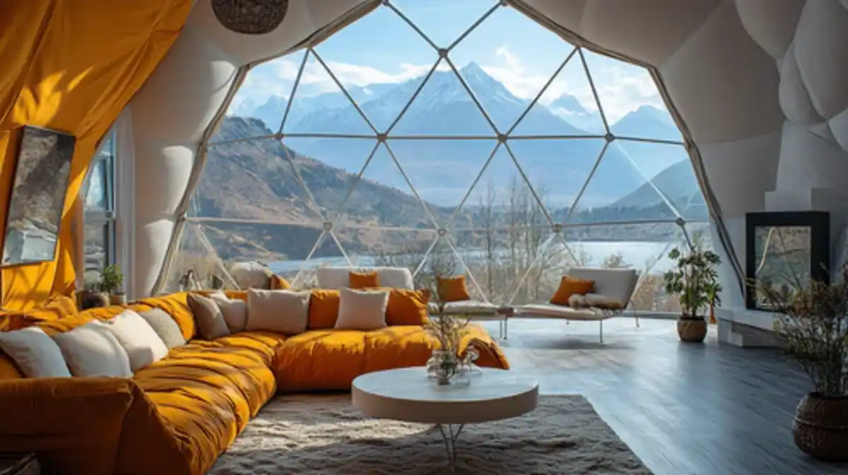 Panoramic Amber Lounge – High-Contrast Comfort for Geodesic Living
