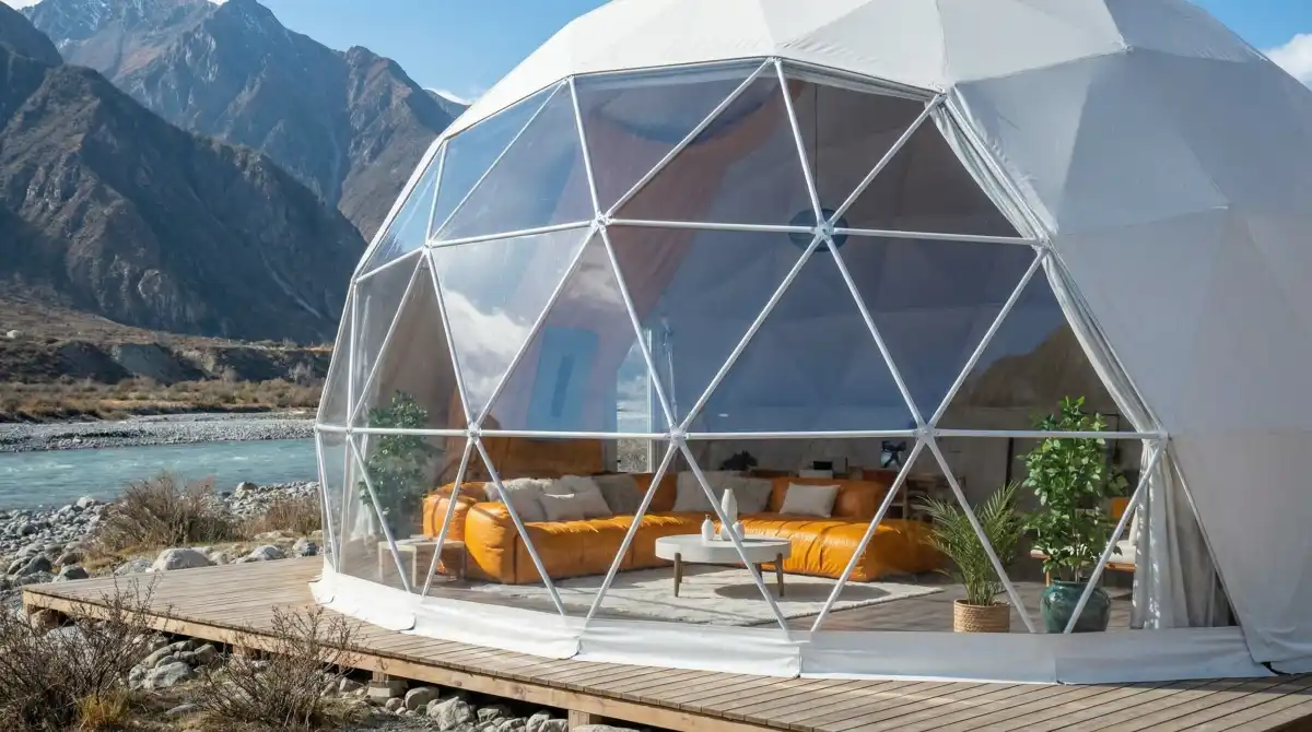 Panoramic Amber Lounge – High-Contrast Comfort for Geodesic Living