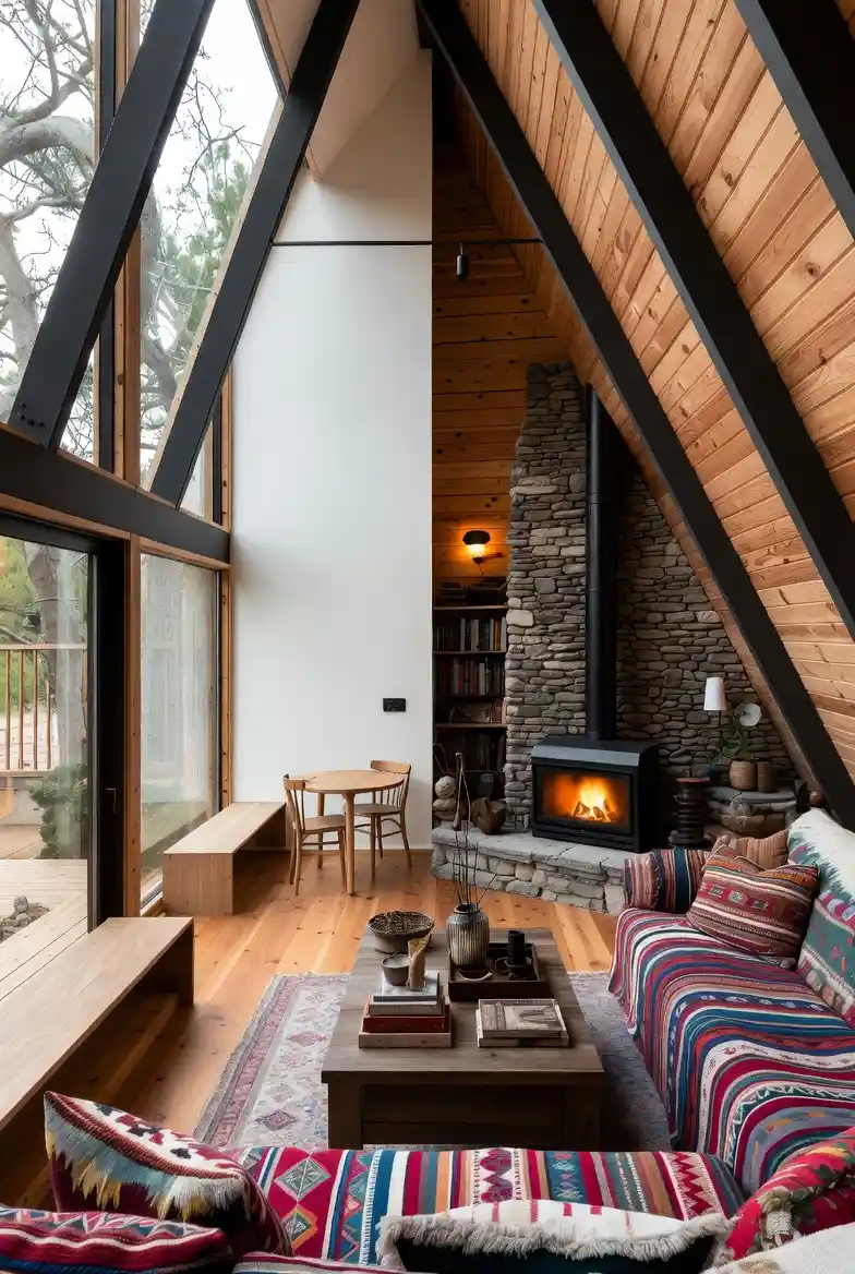 Panoramic Glass & Stone Hearth Living Room – Merging Industrial Structure with Tribal Warmth