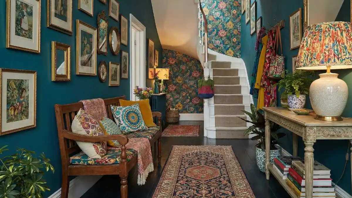 Peacock Blue and Gold Gallery Entryway – Making a Grand Entrance in Narrow Halls