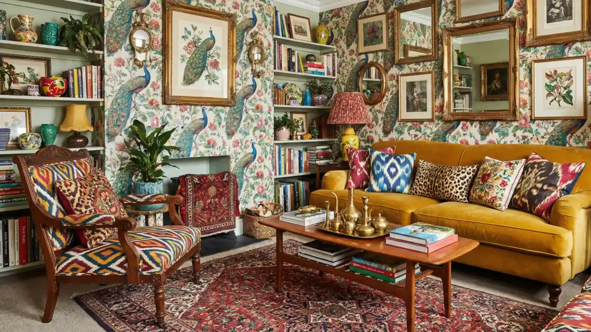 Peacock Wallpaper and Mustard Velvet Lounge – Mastering the Art of Pattern Clashing