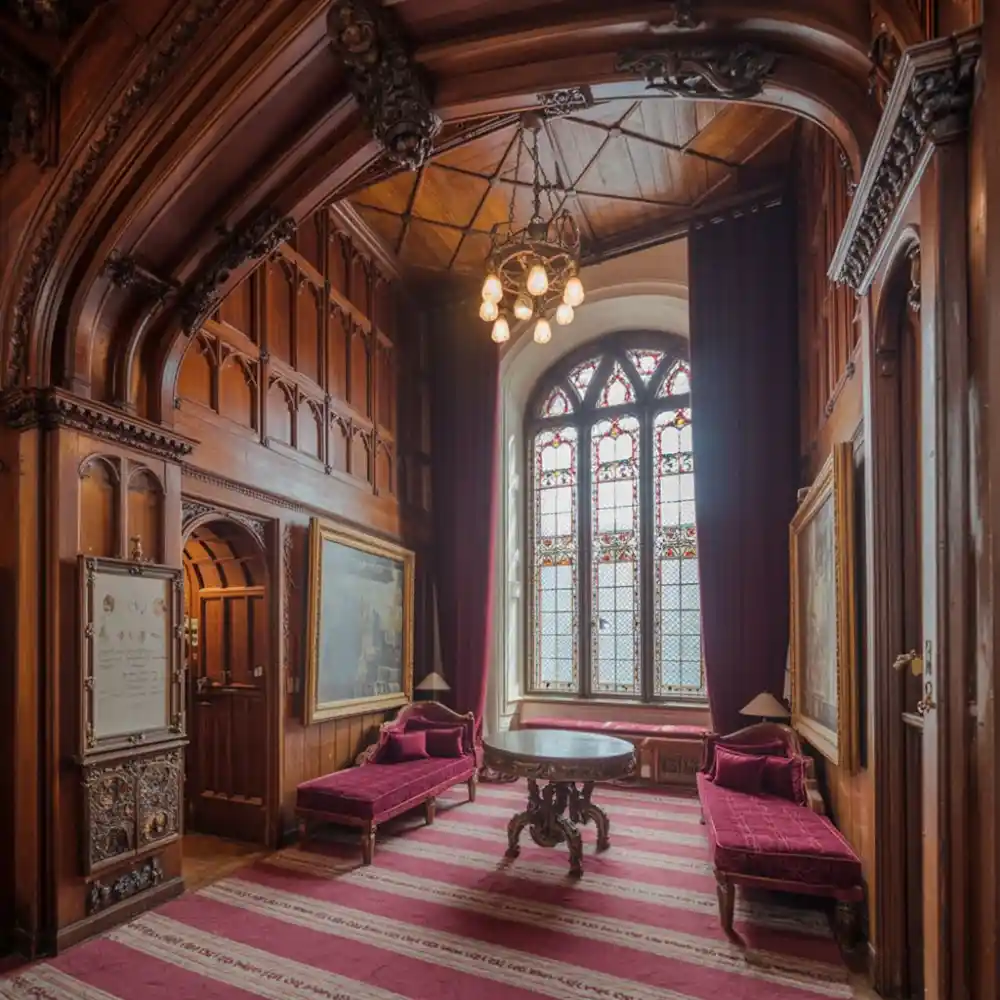 Regal Mahogany and Ruby Velvet Drawing Room – Embracing Gothic Grandeur in Modern Living