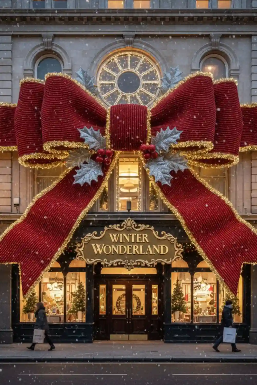 Regal Red & Glimmering Gold Bows: Architectural Accents for Holiday Magic