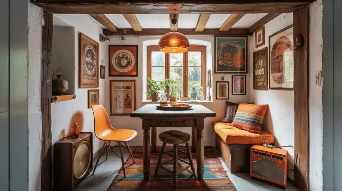 Retro Orange and Rustic Wood Dining Nook – Tuning Up a Tiny Alcove