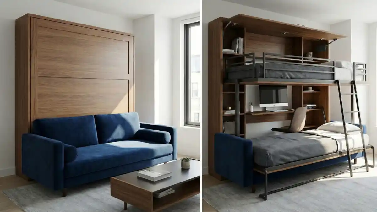 Rich Walnut & Navy Velvet Bunk System – The Ultimate Dual-Function Home Office Hack