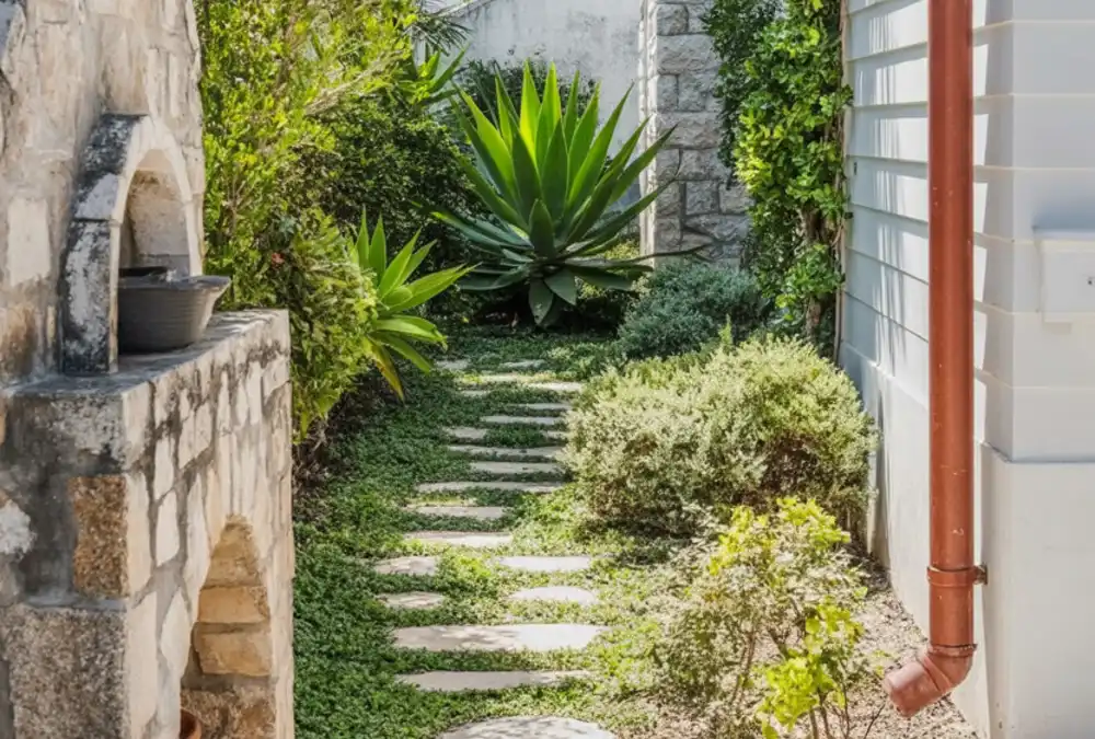 Rustic Brick and Emerald Tropical Walkway – A Culinary Escape in the Side Yard