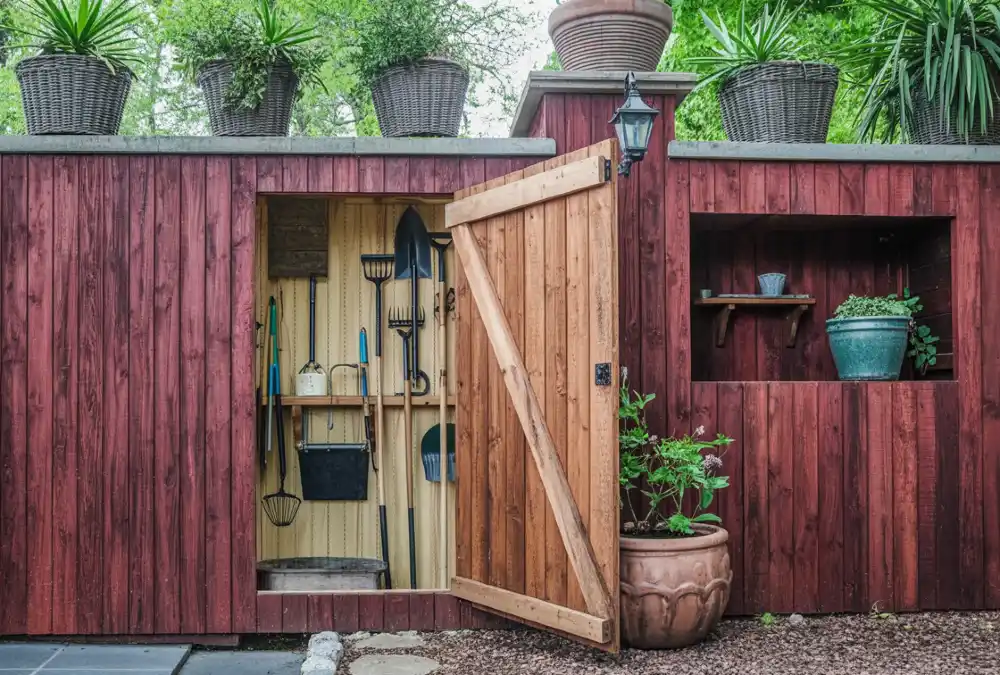 Rustic Burgundy Utility Wall – Maximizing Function in Narrow Corridors