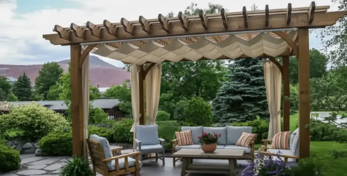 Rustic Cedar & Soft Drapery Pergola - Traditional Charm for Flexible Outdoor Living