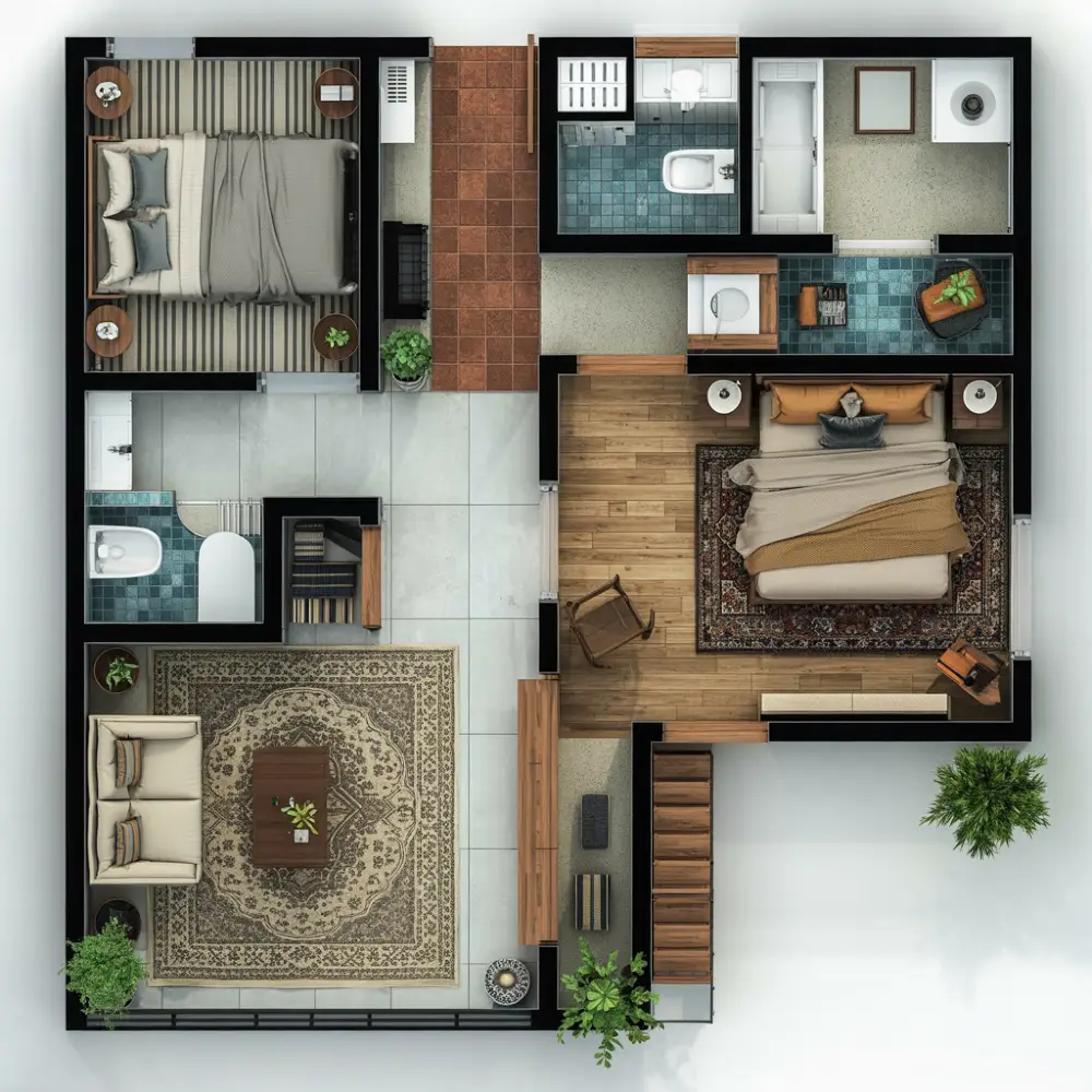 Rustic Earth-Toned Retreat – Cozy Two-Bedroom Layout with Character