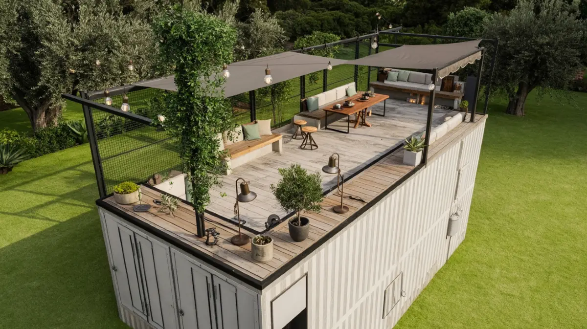 Rustic Elegance – A Chic Rooftop Dining Escape for Container Homes