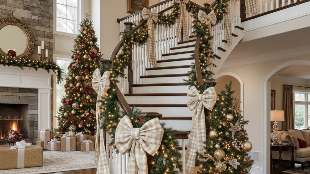 Rustic Gingham Grandeur: Staircase & Entryway Bow Accents