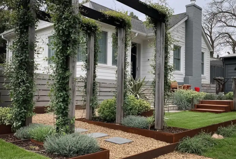 Rustic Industrial Pergola Path – Framing the Journey with Texture and Greenery