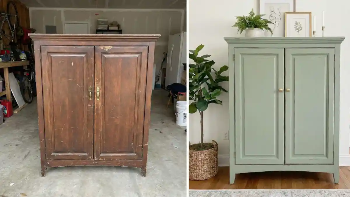 Rustic Sage Green Armoire – Farmhouse Entryway Storage Makeover