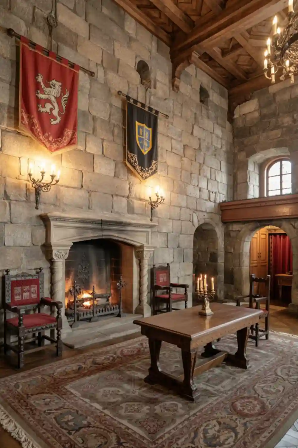 Rustic Stone and Crimson Great Hall – Anchoring the Castlecore Look