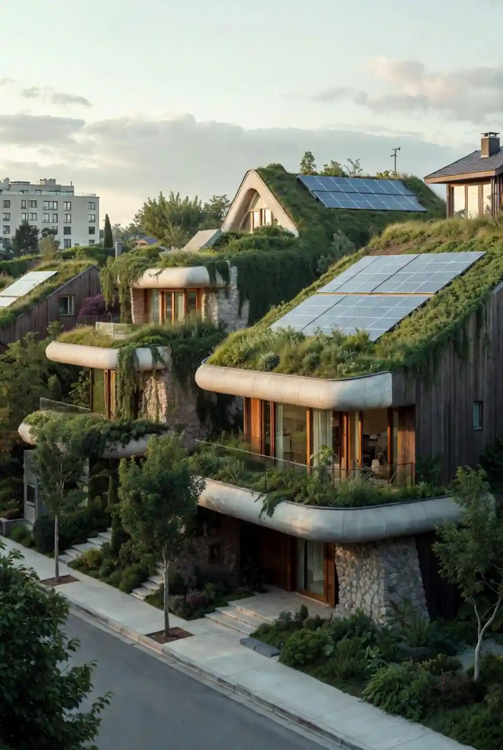 Rustic Timber & Living Roof Rowhomes - A Solarpunk Suburban Retrofit