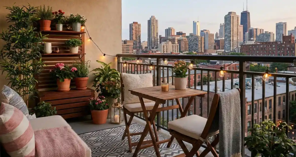 Rustic Wood & Soft Blush Skyline Lounge – A Cozy City Retreat