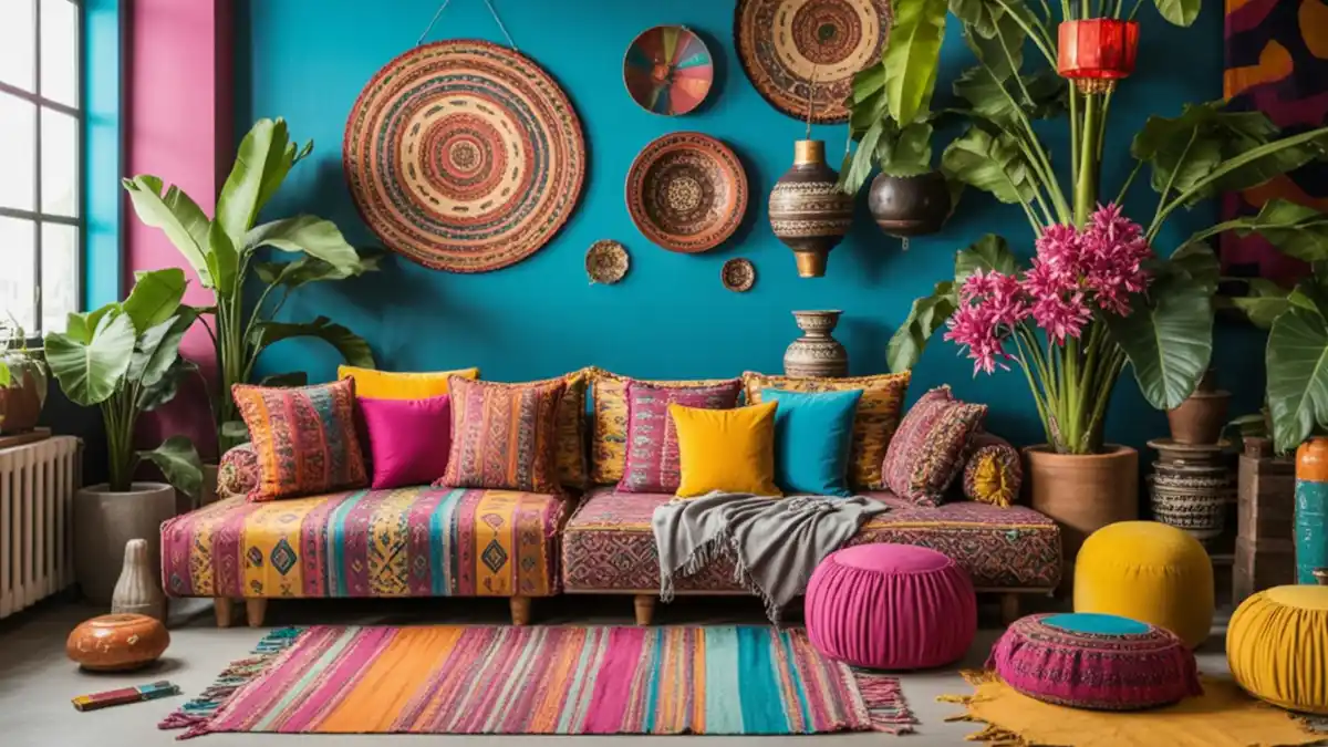 Sapphire Boho Bazaar Living Room – Global Layers for Compact Corners