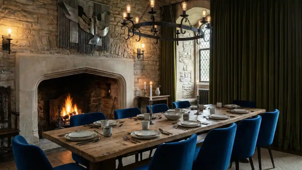 Sapphire Velvet and Rough Stone Dining Hall – Feasting in Modern Medieval Style