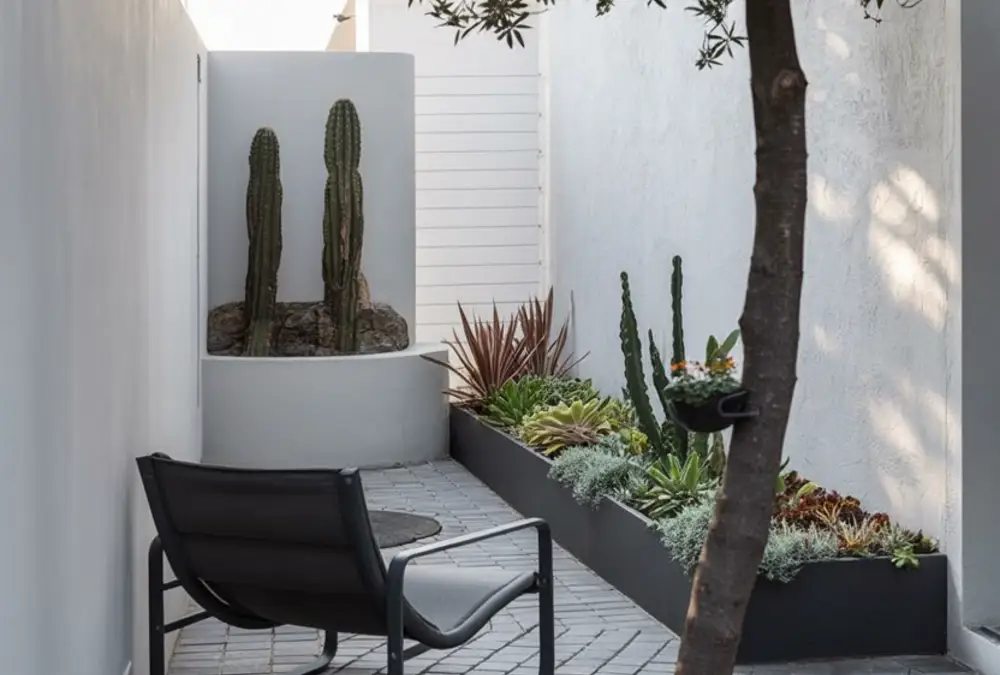 Sculptural White and Cacti Courtyard – Turning a Corridor into a Modern Gallery