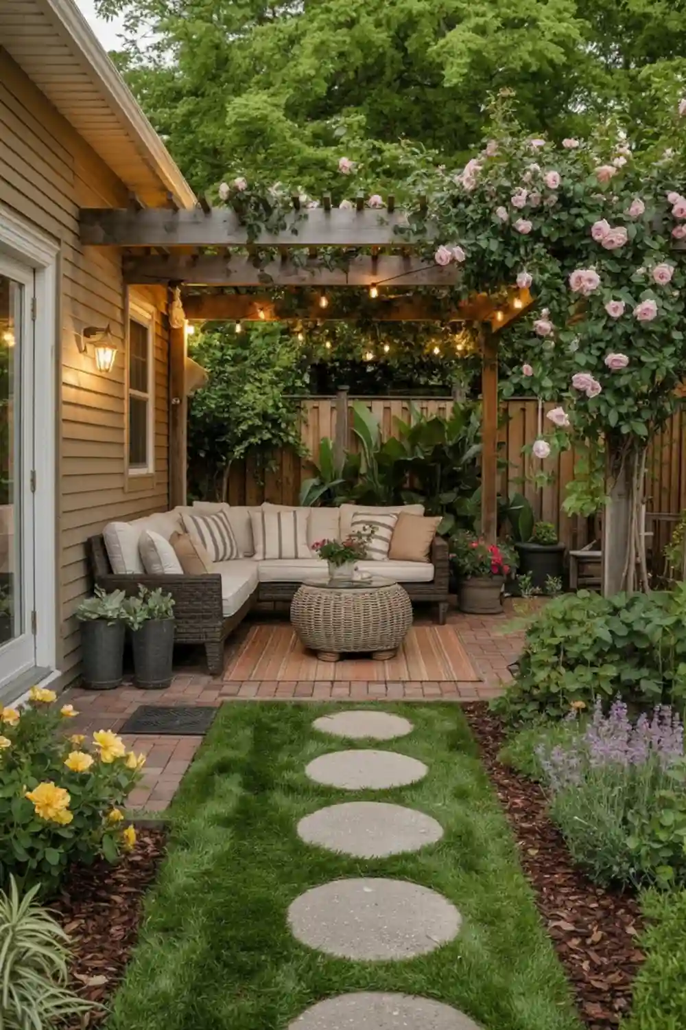 the focus is undeniably on luxurious relaxation, with the sprawling sectional and charming string lights creating an inviting outdoor living room. However, under the cloak of fragrant climbing roses and lush greenery, a savvy "chaos gardener" sees ample opportunities for discreet, high-yield edibles. Imagine fragrant herbs nestled among the lavender, or a compact blueberry bush tucked into the corner, its berries blending seamlessly with the rose petals. Even the path of stepping stones, while elegant, offers pockets for low-growing thyme or chamomile, turning beauty into a delicious double-duty asset.Edible Underplanting: While not immediately visible, the generous flower beds can easily host culinary herbs like thyme, oregano, or even groundcover strawberries beneath the ornamental plants.Vertical Foodscaping: The robust pergola, currently adorned with roses, could also support climbing beans, small vining cucumbers, or even mini-kiwis for a hidden harvest.Layered Hiding Spots: The varying heights of the lush foliage around the patio offer perfect camoflage for a few strategic containers of leafy greens or radishes, harvested stealthily for immediate use.