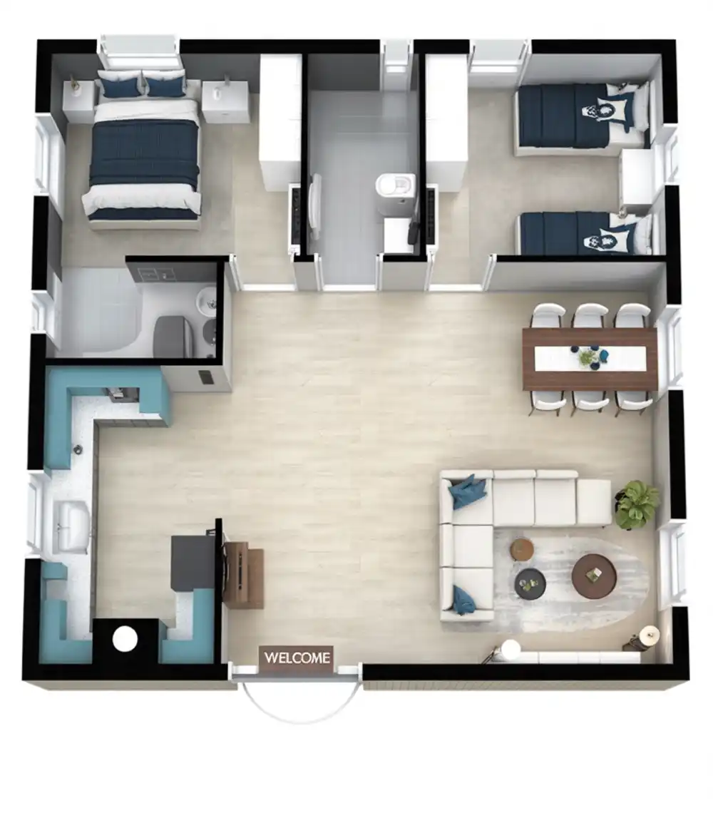 Sky Blue Serenity – Modern Two-Bedroom Tiny Home with Open Concept Living