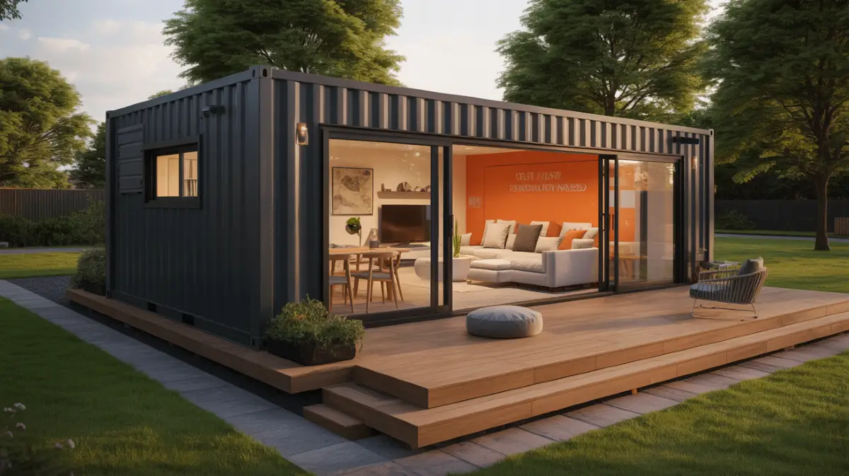 Sleek Minimalism – Black Container Home with Bold Orange Accents